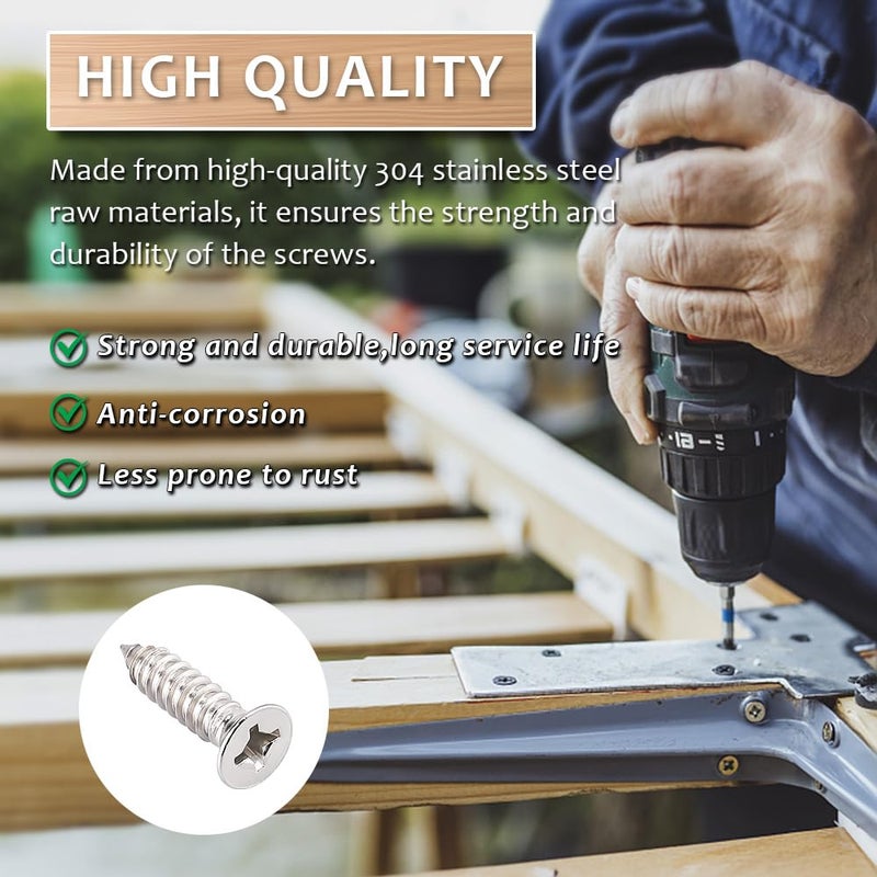 RoyceMart 100 Pack #10 x 3/4" Flat Head Phillips Self Tapping Screws, 18-8 Stainless Steel 304, Countersunk Sheet Metal & Wood Screws, Corrosion Resistant Fasteners - Image 4